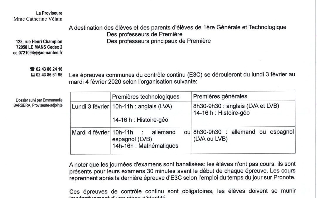 Organisation des E3C (Première Session)