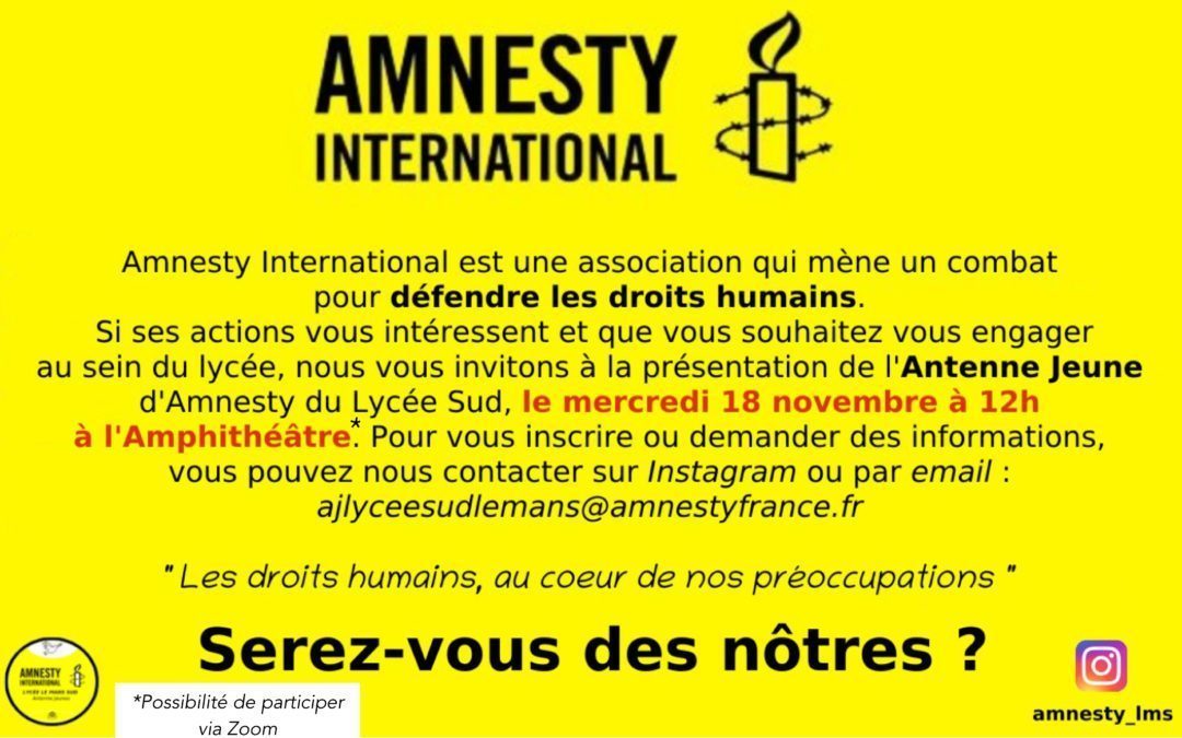 Antenne Jeune d’Amnesty du Lycée Le Mans Sud, le mercredi 18 novembre à 12h à l’Amphithéâtre